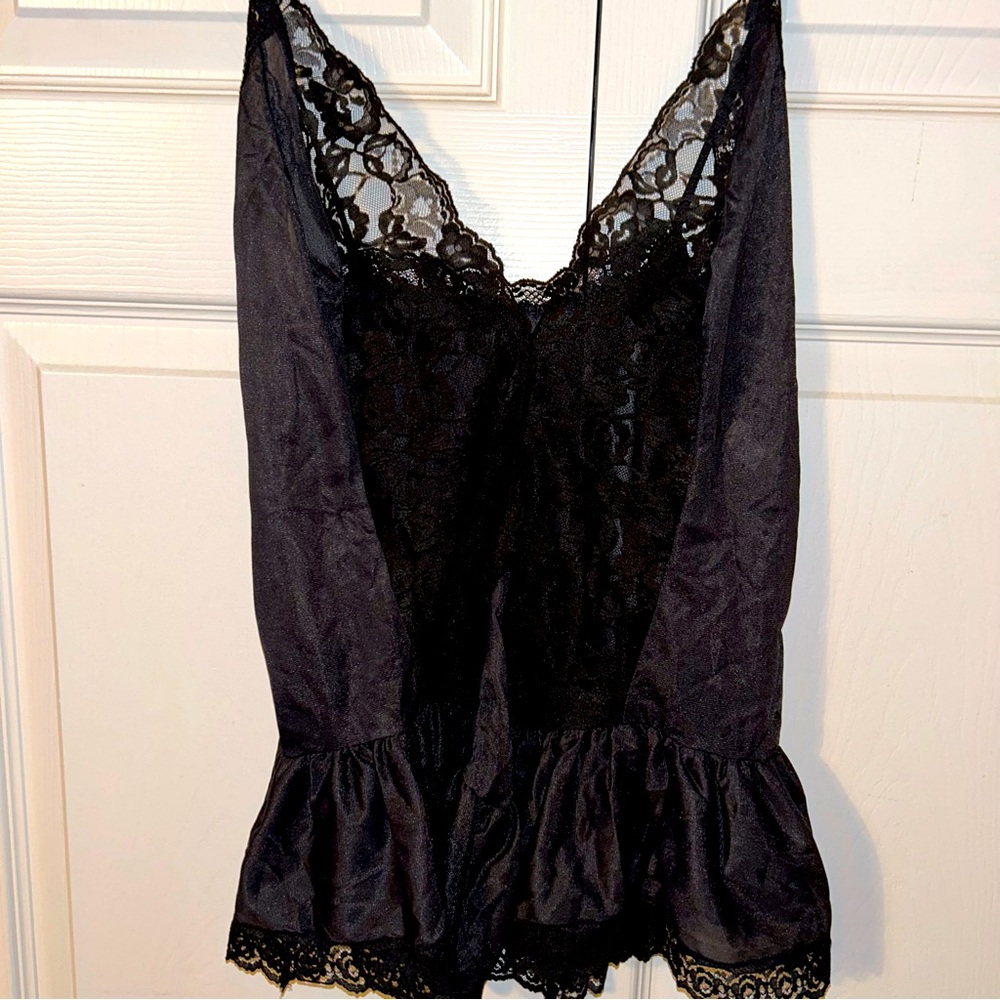 Vintage Union Made Lingerie Baby Doll Womens Small Black Lacey Sexy Peplum Hem
